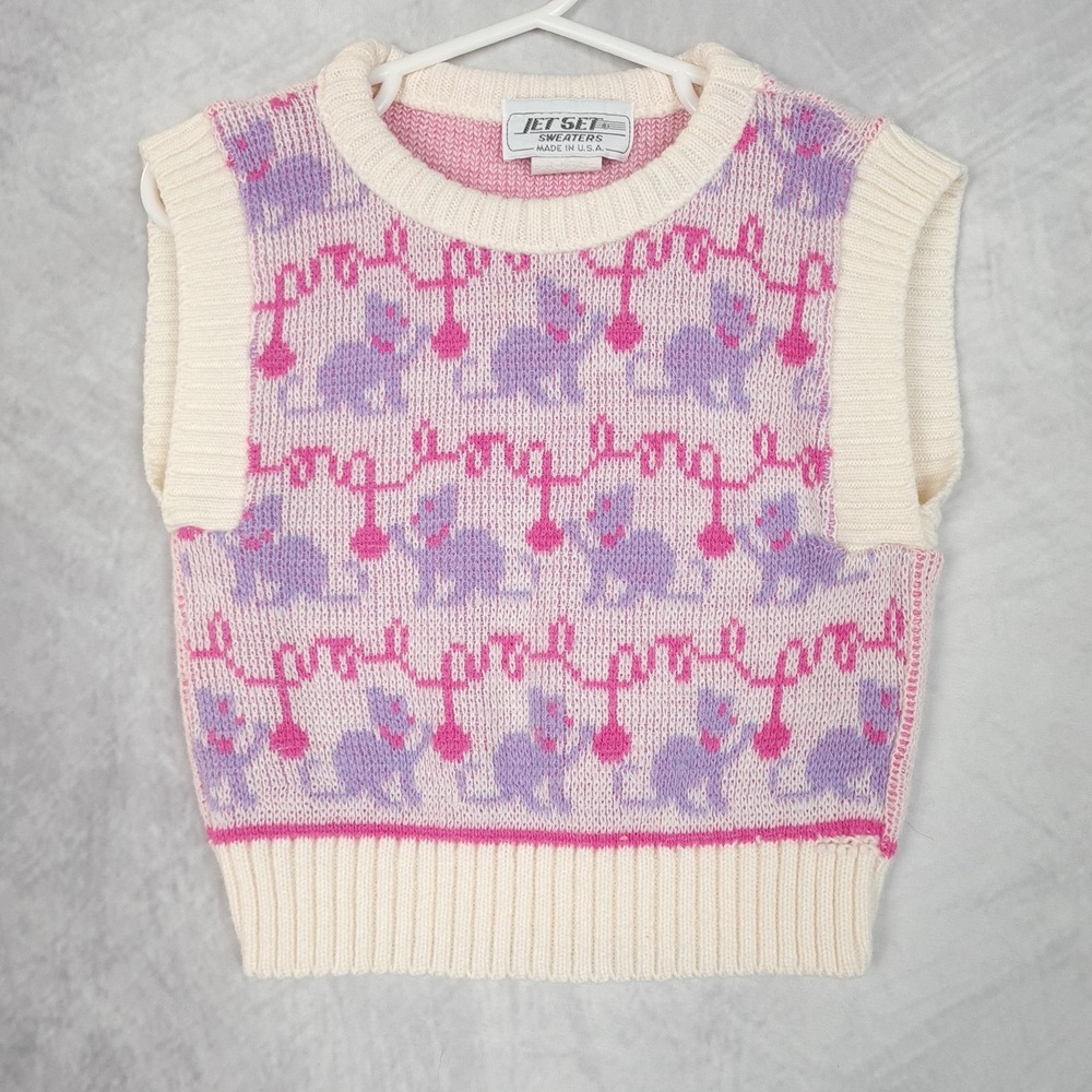 Vintage Cat Knit Sweater Vest Girls 4T Pink Purple Pastel Kawaii Cute 80s 90s
